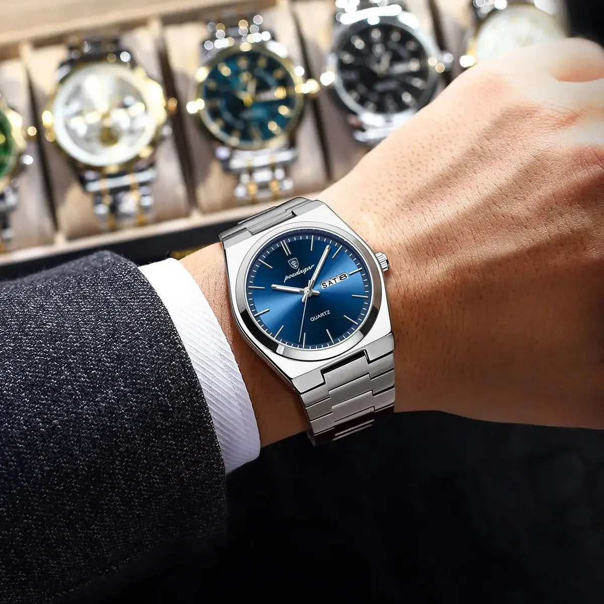 Poedagar Luxurious watch for men Silver Blue - Creare Optimi